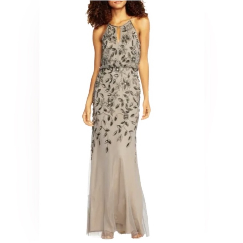 Adrianna Papell Beaded Halter Blouson Gown Size 2